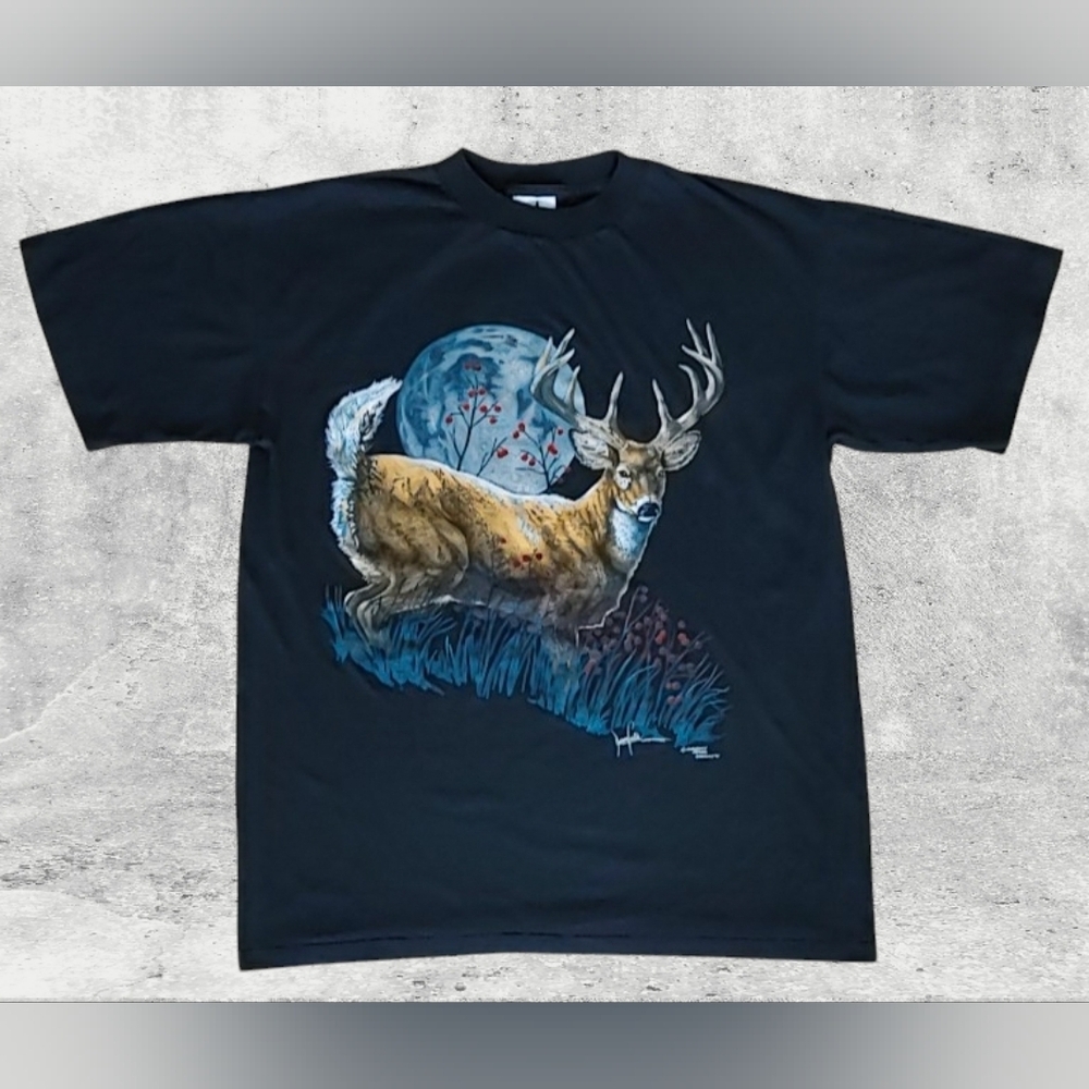 Vtg 1991 Buck White Tale Deer Print Harlequin Nature Graphics Tee Size (XL)